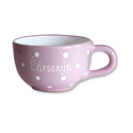 Rózsaszín, fehér pöttyös - Nagy teás/jumbócsésze felirattal